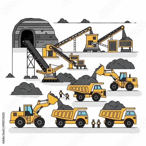 Heavy machinery mining operation extracting resources from underground.