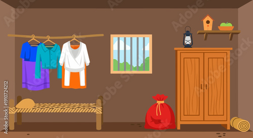 Cozy cartoon bedroom interior with clothes and furniture.