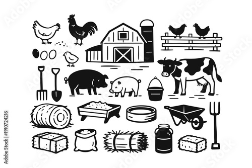 Farm animals and equipment illustrations with cow, pig, chicken, barn
