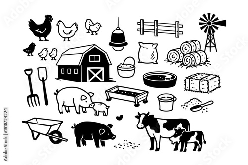 Farm animals and equipment illustration: pigs, cows, chickens, barn, windmill, tools