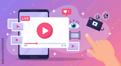 Mobile phone with live video streaming interface and multimedia elements.