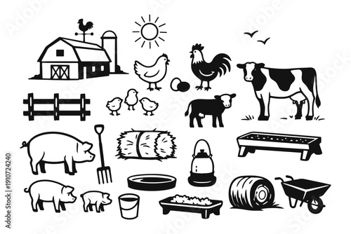 Farm animals and equipment silhouettes: rooster, cow, pig, barn, hay, fence, chickens, sun