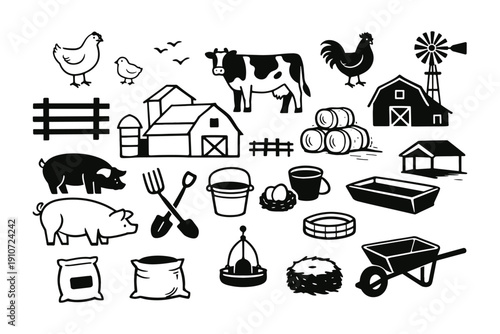 Farm icon set: animals, tools, and buildings silhouettes