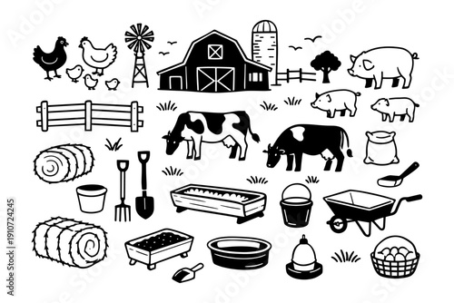 Farm animals and equipment silhouette illustration with barn and windmill