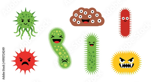 Cartoon Bacteria and Viruses with Different Facial Expressions.