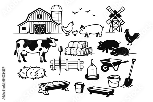 Farm life: animals, barn, windmill, and agriculture tools illustration