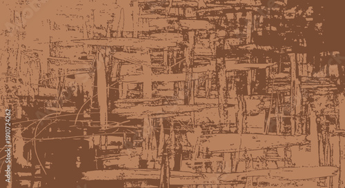 Abstract industrial landscape with complex structures and machinery.