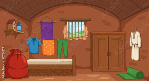 Cozy bedroom with bed and clothes storage.