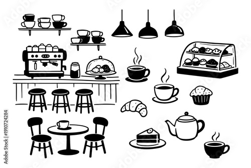 Black and white coffee shop icons with pastries and drinks