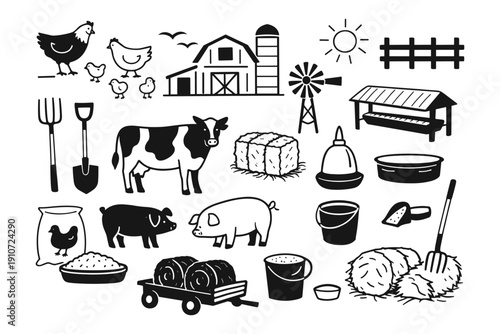 Farm life elements: animals, tools, and structures in black and white illustration