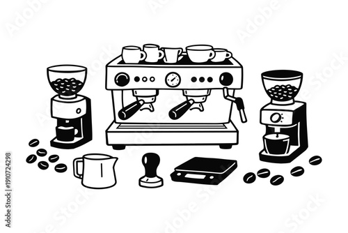 Espresso machine setup with grinders, cups, and accessories in black and white illustration