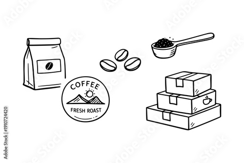 Coffee packaging elements: beans, bag, scoop, boxes, label design