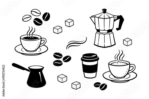 Coffee elements illustration: cups, beans, sugar, moka pot, steam