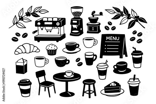 Coffee shop essentials with espresso machine and menu icons