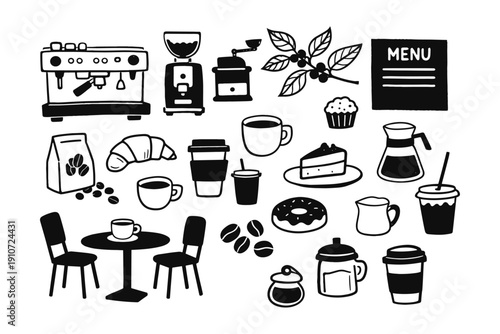 Coffee shop elements with equipment, pastries, and beverages in black and white illustration