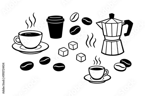 Coffee elements illustration: cups, beans, moka pot, sugar cubes