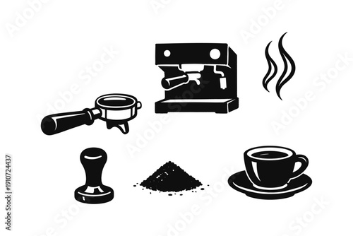 Espresso machine icons: tamper, portafilter, coffee cup, ground coffee, steam