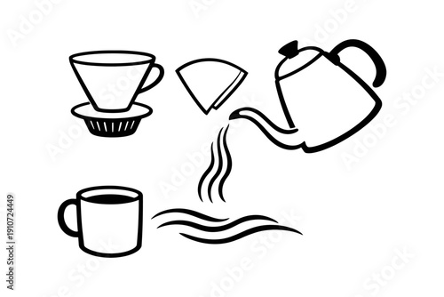 Black and white coffee brewing elements with kettle, mug, and filter