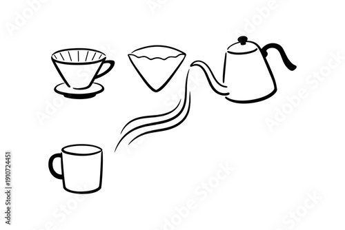 Simple coffee brewing setup with dripper, filter, kettle, and mug