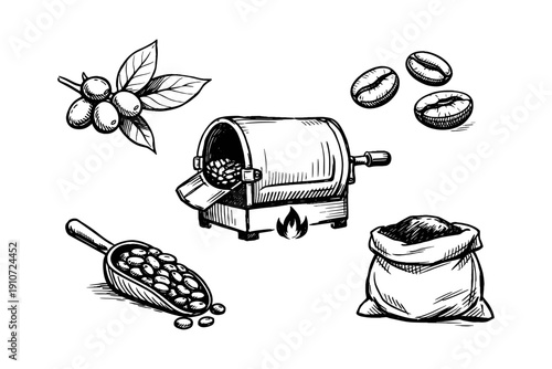 Hand-drawn coffee elements: roaster, beans, scoop, bag, and branch