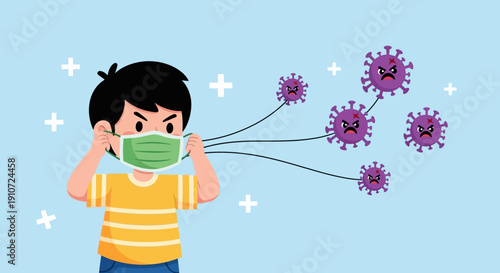 Young boy wearing a green face mask to protect against viruses and germs.