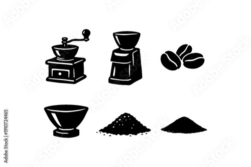 Vintage coffee grinders and beans with ground coffee illustrations
