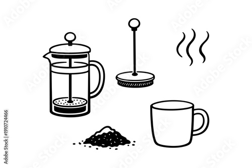 Minimalist coffee icons: french press, mug, steam, coffee grounds
