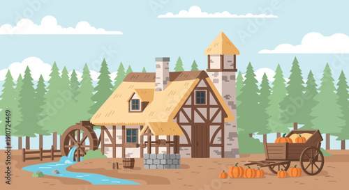 Traditional watermill with wooden cart and harvest.