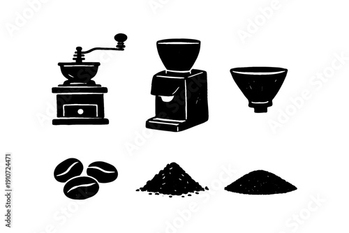 Vintage and modern coffee grinders with beans and grounds