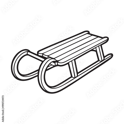 A simple line drawing of a traditional wooden sled on a plain white background viewed from a slight angle showcasing the sled's classic design and functionality in a straightforward illustration style