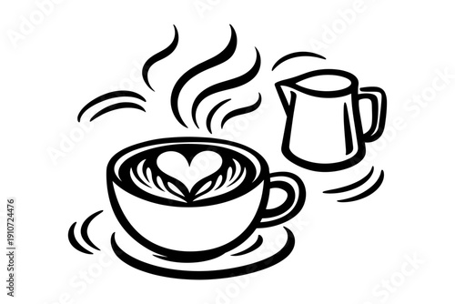 Artistic coffee cup and pitcher with heart-shaped latte art design