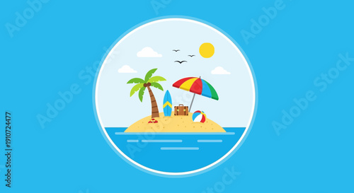 Tropical island getaway with palm tree and umbrella on sandy beach.