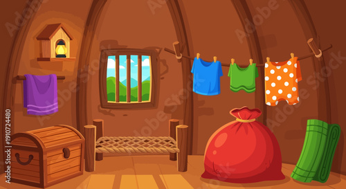 Cozy cartoon laundry room with treasures and colorful clothes.