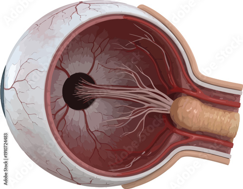 Detailed cross-section illustration of the human eye showing internal anatomy and optical nerve connections