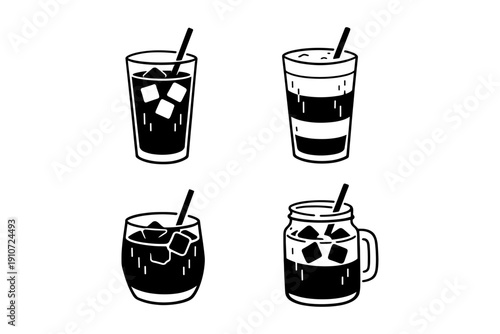 Assorted cold beverages with ice and straws - simple black and white design