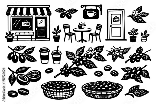 Coffee shop elements: icons of coffee beans, pastries, and decorative plants