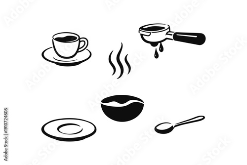 Coffee icon set: cup, steam, portafilter, bowl, spoon, saucer