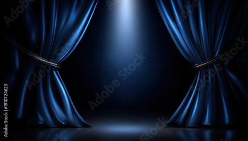 Blue curtain stage spotlight theatre performance drama frame mysterious scene before show reveal on dark background