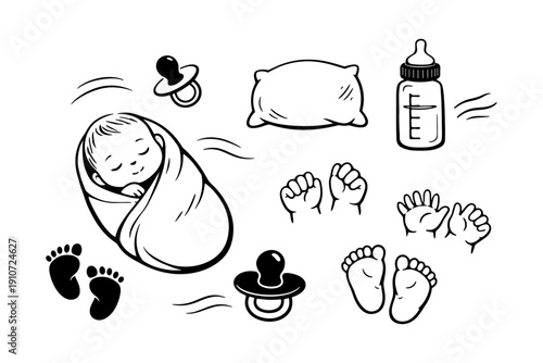 Illustration of sleeping baby with pacifier, bottle, and hands in black and white