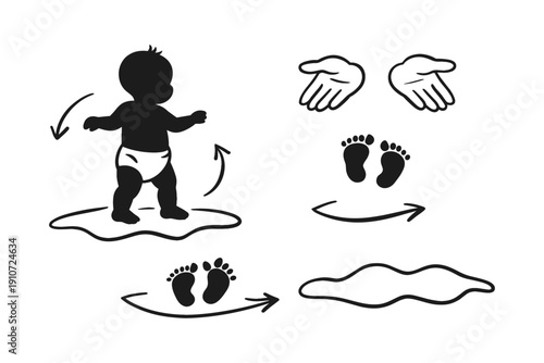 Silhouette of african baby standing on floor with movement arrows and elements