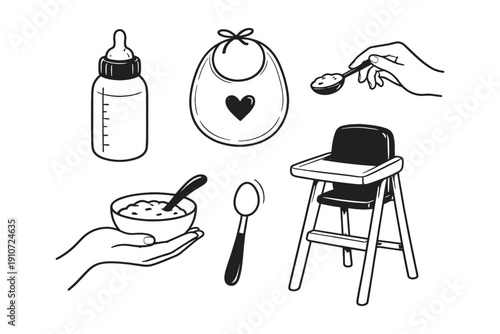 Baby feeding essentials: bottle, bib, spoon, high chair, porridge bowl