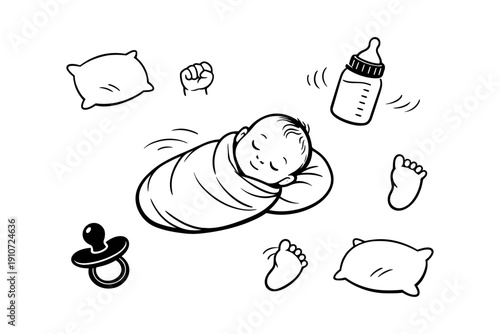 Sleeping caucasian baby sketch with accessories: bottle, pillow, pacifier, feet