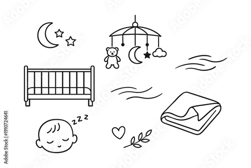 Nursery elements with crib, mobile, blanket, and sleepy baby in line art style