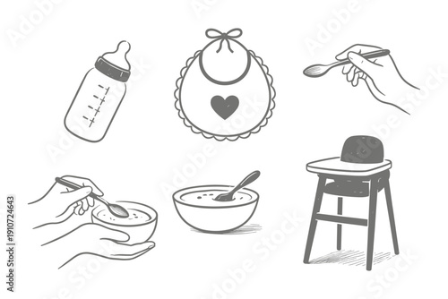 Baby feeding essentials: bottle, bib, spoon, chair, hands, bowl