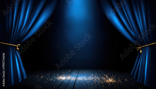 Stage curtain spotlight theater blue glitter create dramatic empty performance space with dark background and golden sparkle