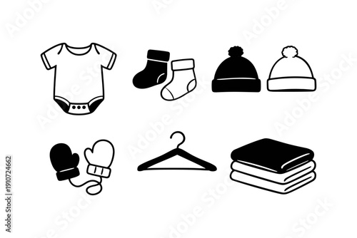Baby onesie, socks, beanies, mittens, hanger, folded clothes icon set