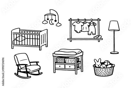 Cozy nursery room essentials for baby: crib, mobile, rocking chair, lamp, changing table, basket