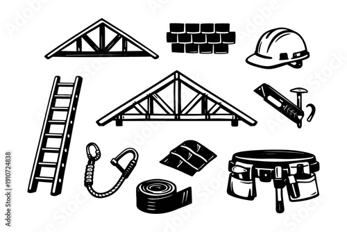 Roofing tools and equipment: trusses, shingles, helmet, ladder, belt