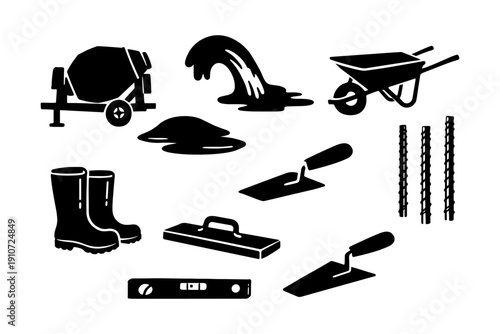 Silhouette set of concrete tools and equipment for construction