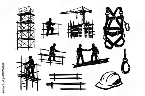 Construction worker silhouettes with safety gear and scaffolding